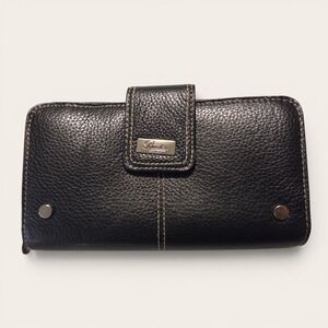 Buxton Black Leather Zip Around Checkbook Wallet Organizer Contrast Stitch